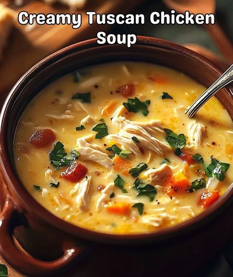 Martha's Recipes Chicken Tuscan Soup, Creamy Tuscan Chicken Soup, Tuscan Chicken Soup, Creamy Tuscan Chicken, Artichoke Soup, Tuscan Soup, Creamy Chicken Soup, Italian Soup, Tuscan Chicken