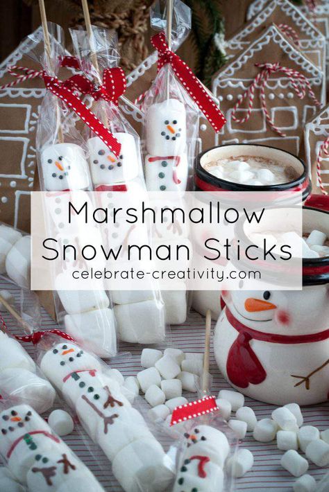 Marshmallow Snowman Sticks Marshmellow Snowman, Diy Christmas Gifts Food, Lucky Ducks, Marshmallow Crafts, Christmas Fair Ideas, Xmas Desserts, Marshmallow Snowman, Candy Ideas, Christmas Food Gifts