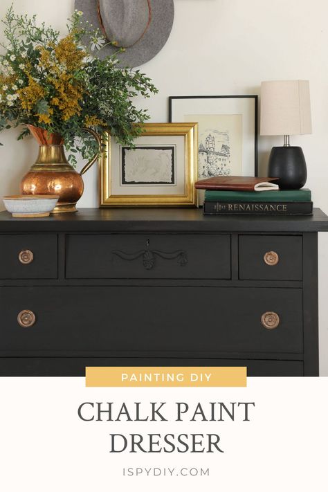 How to transform a dresser! I have used Chalk Paint a few times, but when I saw Rust-Oleum had a Milk Paint, I wanted to try them both out to see the difference. I thought some of you may have the same question, so let’s break it down! Black Chalk Paint Furniture Diy, Black Wash Furniture Diy, Diy Black Dresser Makeover, Chalk Paint Dresser Diy, Black Chalk Paint Furniture, Black Painted Dressers, Paint Dresser Diy, Refurbished Desk, Host Stand