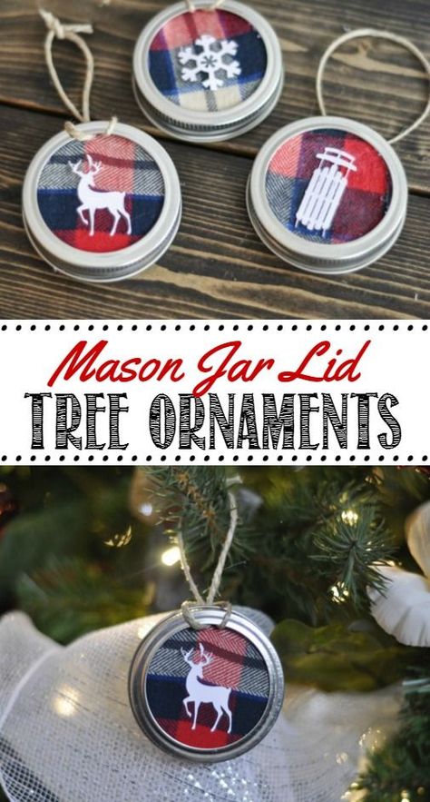 Mason Jar Lid Tree Ornaments. These are SO cute and easy to do. Customize with whatever material you would like. Jar Lid Christmas Ornaments, Lid Christmas Ornaments, Mason Jar Lid Ornaments, Jar Lid Ornaments, Lid Ornaments, Mason Jar Lids Ornaments, Mason Jar Lid, Ornaments Homemade, Christmas Crafts For Adults