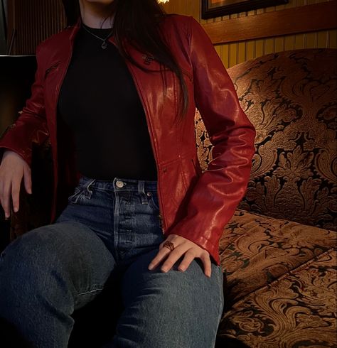 Red And Black Outfits For Women Casual, Midnights Outfit Aesthetic, Red Fits Aesthetic, Dark Red Leather Jacket Outfit, Cherry Red Leather Jacket, Red Jacket Outfit Aesthetic, Red Leather Jacket Outfit Aesthetic, Red Leather Jacket Aesthetic, Bg3 Outfits