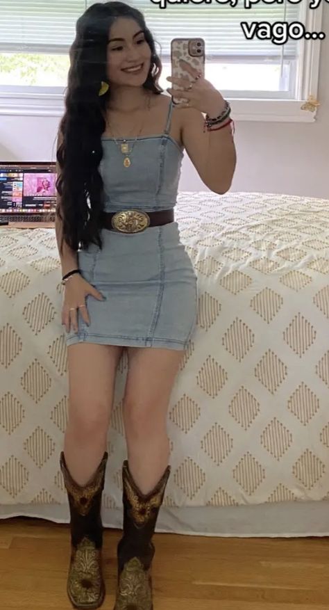 Fresa Vaquera Outfits, Professional Corset Outfit, Cowboy Fits For Woman, Jean Dress Cowgirl Outfit, Black Long Cowboy Boots Outfit, Dress Vaquera Outfit, Jean Skirt Western Outfit, Vaquera Outfit Mexican Skirt, Blue Vaquera Outfit