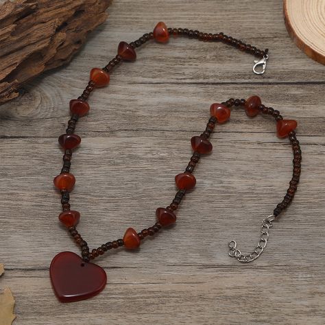 Faster shipping. Better service Red Glass Bead Necklace, Directing Aesthetic, Halloween Necklaces, Heart Bead Necklace, Long Beaded Necklaces, Beaded Heart Necklace, Homemade Necklaces, Orange Jewelry, Embellished Fashion