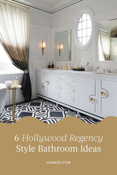 Whether you're starting from ground zero in a master bathroom renovation or sprucing up your powder room, we've found six foolproof Hollywood Regency style bathroom ideas that are sure to give your home the perfect shot of glamour. #hunkerhome #bathroom #bathroomideas #hollywoodregency #bathroominspo Hollywood Regency Laundry Room, Hollywood Glamour Bathroom, Old Hollywood Glam Bathroom Ideas, Old Hollywood Glamour Bathroom, Hollywood Regency Decor Bathroom, Hollywood Glam Bathroom, Regency Bathroom, Hollywood Regency Bathroom, Hollywood Bathroom