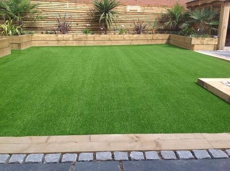 artificial grass and planters - from lawn land ltd Sleeper Edged Lawn, Fake Grass Garden Ideas, Artificial Grass Ideas, Mowing Strip, Artificial Grass Garden, Artificial Grass Installation, Railway Sleepers, Artificial Plants Indoor, Back Garden Design