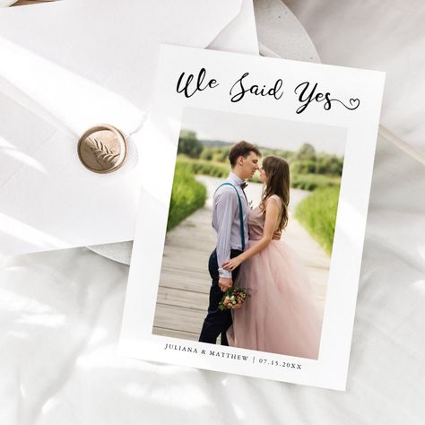 We Said Yes Heart Modern Script Wedding Photo Announcement Elegant and modern wedding announcement 2-sided card featuring a calligraphy text that says "We Said Yes" with a heart on top of your photo. The message and picture on the back of the card is editable. We Said Yes, Calligraphy Heart, Wedding Announcements Photos, Wedding Script, A Calligraphy, Calligraphy Text, Joyous Celebration, Wedding Announcement, Wedding Party Supplies