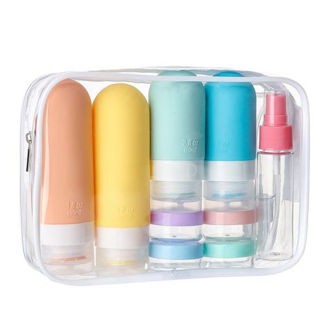 PRICES MAY VARY. Useful Travel Accessories - This is a practical travel container set inside a zipper box, which includes 4 travel bottles, 4 travel jars, 2 spray bottle, 2 spoons, 1 funnel, 1 cleaning brush, and 1 label, as well as 1 transparent makeup bag. The diverse containers allow you to bring different beauty products and cosmetics according to your needs. Leak-proof travel bottle - The leak-proof design prevents liquid from leaking or spilling, providing protection for your luggage and c Silicone Travel Bottles, Travel Bottle Set, Travel Size Toiletries, Travel Container, Tsa Approved, Travel Bottles, Empty Bottles, Travel Toiletries, Makeup Skin Care