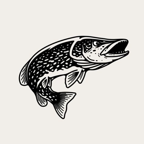 Northern Pike leaping out of the water Pike Tattoo, Pike Fish, Fishing Logo, Northern Pike, Fish Artwork, Fishing Decals, Pike Fishing, Fish Logo, Creature Art