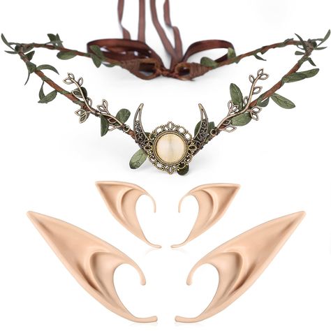 PRICES MAY VARY. PACKAGE : Our woodland elf crown costume set includes 1 piece of deer head fairy crown tiara with a pair of short elf ears and a pair of long elf ears MATERIAL: Our V-shaped forest elven circlet tiara is made of silk cloth. The greenery eucalyptus leaves on the branches are very soft and not easy to fall off. Our pixie elvish ears are made of silicone which is soft, sturdy, and easy to wear HAND MADE: The woodland fairy headband is hand-made and every detail of this fantastic el Elf Halloween Costume Women, Long Elf Ears, Woodland Fairy Costume, Girls Halloween Party, Elven Ears, Halloween Party Birthday, Crown Costume, Elven Circlet, Faerie Costume