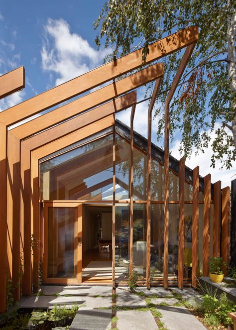 Cross-Stitch House in Melbourne, Austral|Houses House Outline, Cross Stitch House, Timber Beams, Wooden Structure, Casa Exterior, Victorian Terrace, Pergola Designs, Design Strategy, Outdoor Area