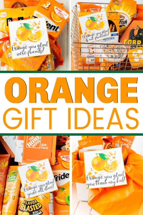 These orange you glad printable gift tags are so cute! Add them to some of the orange gift ideas for one of the best DIY thank you or holiday gift idea ever! Perfect for neighbor gifts, teacher gifts, or even a birthday gift for a friend! Orange You Glad Basket, Everything Orange Gift Basket, Orange Teacher Gift, Orange Teacher Appreciation Gift Ideas, Orange You Glad It’s Fall, Orange Items For Gift Basket, September Gifts For Coworkers, Orange Color Gift Basket Ideas, Orange You Glad It’s Friday