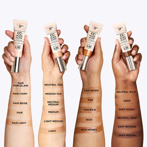 The IT Cosmetics CC+ Nude Glow Lightweight Foundation and Glow Serum is a lightweight skin tint that offers a radiant, no-makeup makeup look. Combining the benefits of a foundation, a brightening serum and SPF40 protection in one step, the tint delivers a skin-like finish.  Offering up to 24 hours of hydration, the medium coverage formula is enriched with niacinamide, encouraging a glowy, more even-toned look. Hyaluronic acid plumps the skin with intense moisture, while green tea extract defends Find Your Foundation Shade, Fair Complexion, Lightweight Foundation, Skin Hyperpigmentation, Shea Butter Body Shop, Skin Tint, Toning Shampoo, Cream Foundation, Perfect Complexion