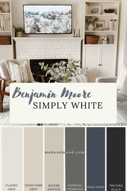 Simply White Color Scheme, Benjamin Moore Simply White Color Palette, Simply White Color Combinations, Bm Simply White Color Palette, Benjamin Moore Palette Color Combinations, Benjamin Moore Paint Schemes, Benjamin Moore Family Room Colors, Living Room Paint Color Ideas Benjamin Moore, Natural Cream Color Palette