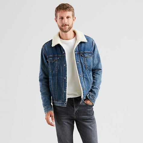 Trucker Jacket Men, Sherpa Trucker Jacket, Outfit Essentials, Preppy Mens Fashion, Mens Fashion Blazer, Jean Jacket Men, Types Of Jeans, Hipster Mens Fashion, Mens Fashion Jeans