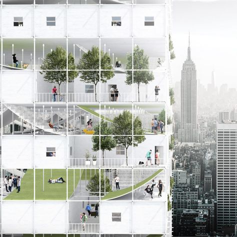 This conceptual scheme by Beomki Lee and Chang Kyu Lee calls for using vacant airspace over buildings to create affordable apartments and public areas. Grid Architecture, Co Housing, Collective Housing, Modular Housing, Affordable Apartments, Social Housing, Architecture Presentation, Affordable Housing, City Living