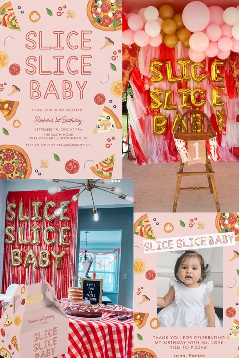 modern pink and red checkered slice slice baby pizza party First Slice Birthday Party, Pizza Birthday Theme, Slice Of Fun Turning One, Pizza Theme First Birthday, Slice Slice Baby Pizza Shower Decor, 1st Birthday Pizza Theme, Creative First Birthday Themes, Pizza Party Baby Shower Ideas, Pizza And Pacifiers