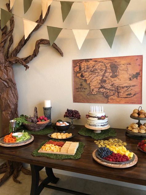 Lord Of The Rings 40th Birthday, The Hobbit Cake Ideas, Hobbit Party Activities, Bilbo 111 Birthday, The Hobbit Party Ideas, Lord Of The Rings Food Party, Lotr One Year Birthday, Lord Of The Rings Birthday Decorations, Nerdy Thirty Party