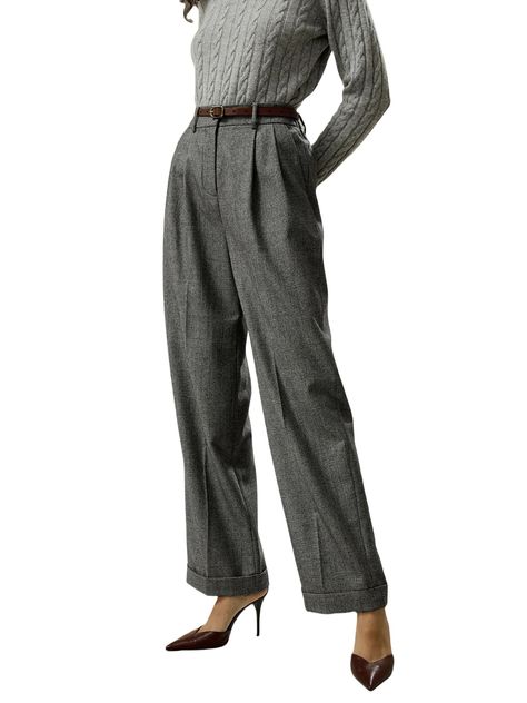 Wide-leg wool-flannel suit trousers are made of 103% wool and are covered in fluff, affording a rustic look and a soft hand. Flannel has good elasticity and stores heat and insulates against the cold, which is lightweight, durable, and glossy, good to drape. The trousers are less prone to pilling or deformation. It is perfect for work environments that require business attire, such as offices and professional settings. 100% wool, soft, naturally breathable, and stays cool and fresh Classic style Elegant Wool Dress Pants For Fall, Classic Winter Dress Pants For Business Casual, Winter Workwear Tapered Leg Dress Pants, Elegant Wool Pants For Fall, Wool Dress Pants For Fall Workwear, Elegant Pants With Welt Pockets For Fall, Tailored Wool Pants For Work, Tailored Full Length Wide Leg Fall Pants, Winter High-waisted Pants With Welt Pockets