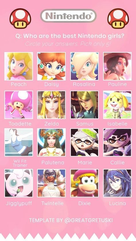 I go for Peach, Zelda, Samus, Palutena and Twintelle ;) Actually, it's really hard to pick 5, because I also like Daisy, Rosalina, Pauline, Jigglypuff and Lucina Peach Rosalina, Rarity Pony, Super Smash Ultimate, Smash Bros Funny, Nintendo Princess, Wii Fit, Smash Brothers, Super Smash Brothers, Video Games Funny