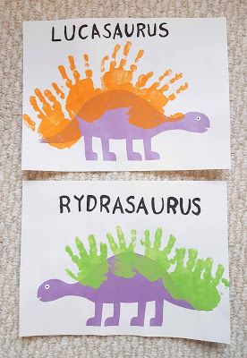 ChemKnits: Luckysaurus and Rowdrasaus - Handprint Dinosaurs Dinosaur Activities Preschool, Aktiviti Kanak-kanak, Baby Art Projects, Footprint Crafts, Toddler Art Projects, Toddler Arts And Crafts, Dinosaur Activities, Dinosaur Crafts, Daycare Activities