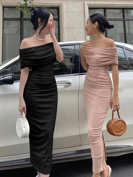 2023 Pink Off Shoulder Bodycon Midi Bandage Dress – Ncocon Long Bodycon Dress Outfit, Two Piece Set Dress, Silk Bodycon Dress, Dress Elegant Casual, Bardot Bodycon Dress, Stylish Maxi Dress, Body Con Dress Outfit, Maxi Dress Collection, Maxi Long Dress