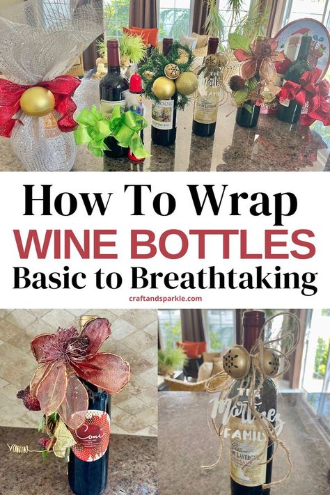 Wrap Wine Bottle Gift Christmas, Wine Bottle Accessories, Wine Bottle Christmas Wrapping, Wine Bottle Gifts Diy, Wine Gift Presentation Ideas, Alcohol Gift Wrapping Ideas, Gift Wrap A Wine Bottle, How To Gift A Bottle Of Wine, Wine Bottle Gifting Ideas