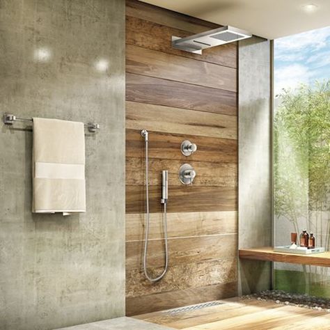 porcelanato; porcelanato que imita madeira; porcelanato que imita madeira na cozinha; porcelanato na sala; ideias de sala com porcelanato de madeira; madeir Rock Shower Ideas, Rock Shower, Wood Ceramic, Bad Inspiration, Trendy Bathroom, Bath Room, Trendy Kitchen, House Bathroom, Beautiful Bathrooms