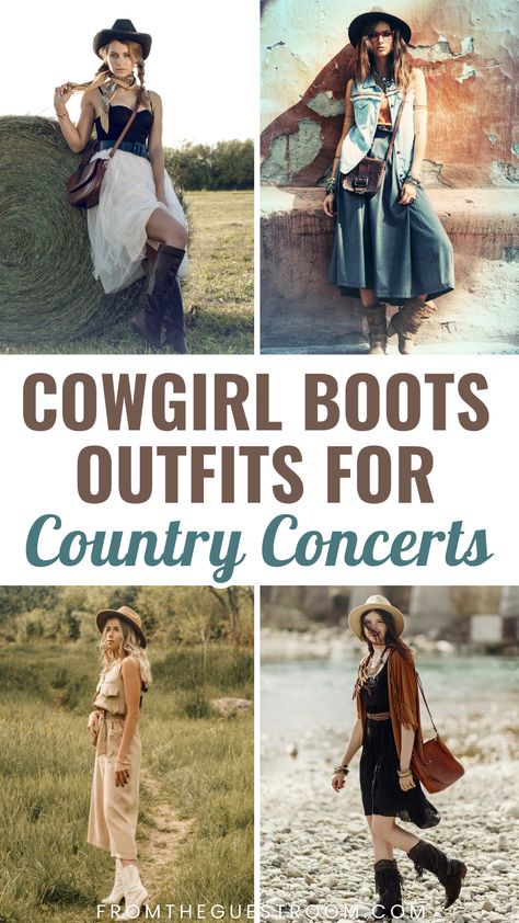 women wear cowgirl boots for country concert, western outfits How To Wear Cowgirl Boots With Jeans, Cowboy Boots Outfit Country, Cowgirl Skirt Outfits, Concert Outfit Skirt, Cowboy Boots Concert, Country Dresses With Cowboy Boots, Outfits With Cowgirl Boots, Shorts And Cowboy Boots Outfit, Western Concert Outfit