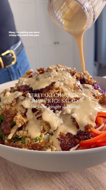 Nicole Keshishian Modic | KALEJUNKIE® on Instagram: "@kalejunkie TERIYAKI CHICKEN CRISPY RICE SALAD with Creamy Sesame Ginger Dressing, the last crispy rice salad in the series that has gone viral! And guess what? THIS is the best one yet. It uses an entire rotisserie chicken, so you can eat this for several days. It is packed with protein and all the good stuff—so many flavors and textures happening at once, honestly this one is so good, the recipe belongs in a cookbook 😊.⁣
⁣
Comment ‘LINK’ or ‘BLENDER’ if you want me to DM you the link to my new mini blender!⁣
⁣
Makes 4 meal salads or 6-8 smaller salads⁣
Crispy Rice⁣
2 cups cooked rice, cooled (I used jasmine)⁣
1 tb sesame oil⁣
2 tb teriyaki sauce/marinade (I used San-J GF Teriyaki sauce/marinade)⁣
⁣
Chicken⁣
1 rotisserie chicken⁣
1/4 c Chicken Crispy Rice Salad With Peanut Dressing, Teriyaki Chicken Salad Recipe, Crispy Asian Salad, Teriyaki Crispy Rice Chicken Salad, Crispy Rice Salad With Chicken, Teriyaki Chicken Crispy Rice Salad, Chicken Teriyaki Salad, Teriyaki Sauce Marinade, Loaded Salads