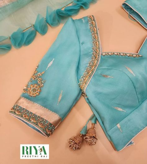 Neckline Work Designs, Blue Blouse Designs Latest, Simple Gold Blouse Designs, Shoulder Work Blouse Designs, Pattu Blouse Neck Designs, Elegant Blouse Designs For Silk Saree, Light Blue Blouse Designs, Front Neck Designs For Blouse, Back Neckline Designs