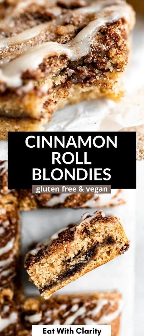 These easy cinnamon roll blondies are vegan, gluten free, dairy free and so easy to make. With a simple cinnamon sugar swirl and finished with a dairy free cream cheese glaze, these taste just like real vegan cinnamon rolls! The best gluten free dessert recipe. Cinnamon Roll Blondies, Cinnamon Desserts, Best Gluten Free Desserts, Dairy Free Pasta, Cinnamon Roll Pancakes, Dairy Free Cream Cheese, Vegan Chocolate Cake, Cream Cheese Glaze, Vegan Chocolate Chip Cookies