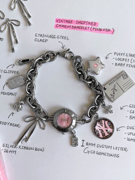 Sweet as can be ౨ৎ Introducing the 'ON THE WAY' charm bracelet - featuring the most precious pendants paired alongside a soft pink watch face, this accessory is bound to become a treasured piece in your jewelry collection. Trust us, compliments are waiting... ♡ Made with stainless steel chain, cubic zirconia and stainl Pink Watch Face, Aesthetic Watches, Watch Charms, Jewelry Letter, Mixed Jewelry, Closet Wall, Dope Jewelry Accessories, Watch Diy, Body Decor