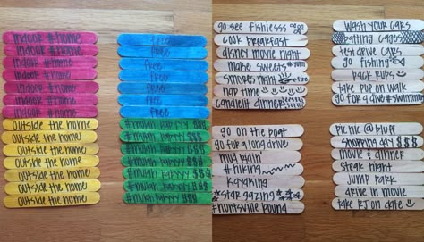 the popsicle sticks for the jar "date nights". Date Idea Sticks In A Jar, Popsicle Stick Date Night Jar, Popsicle Stick Date Ideas, Date Sticks Jars, Popsicle Stick Activity Jar, Popsicle Stick Jar For Boyfriend, Date Idea Popsicle Sticks, Popsicle Date Ideas, Date Popsicle Sticks In A Jar