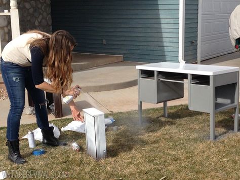 Painted Metal Desks, Metal Desk Makeover, Metal Office Desk, Desk Redo, Tanker Desk, How To Spray Paint, Bathroom Mirror With Shelf, Vintage Metal Desk, Furniture Upcycle