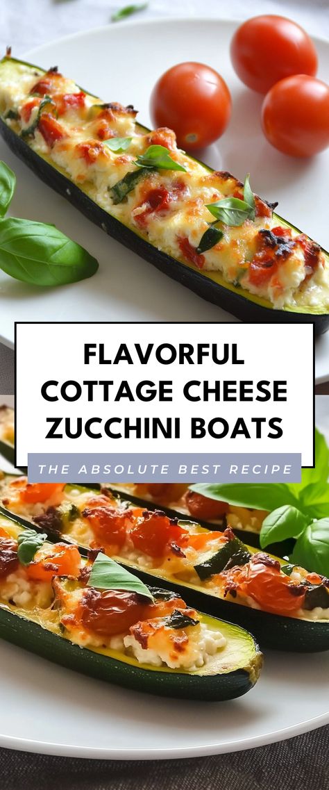 Image for Flavorful Cottage Cheese Zucchini Boats Zucchini Cottage Cheese Recipes, Cheese Zucchini Boats, Cottage Cheese Zucchini, Veggie Zucchini Boats, Zucchini Cottage Cheese, Mozzarella Zucchini, Cheese Boat, Boat Recipes, Zucchini Boat