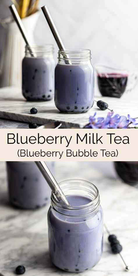 This tasty blueberry milk tea is the easiest blueberry bubble tea recipe. Made with blueberry simple syrup from real blueberries, green tea and milk. Then served over ice with boba pearls. Best Boba Tea Recipes, Milk Bubble Tea Recipe, Healthy Milk Tea Recipe, Fruity Boba Tea Recipe, Boba Without Tea, Blueberry Green Tea Recipes, Vegan Milk Tea, Blueberry Recipes Drinks, Blueberry Milk Tea