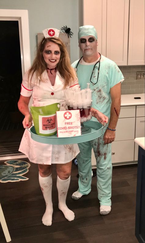 Scary Medical Halloween, Scary Nurse Halloween Costumes, Nurse Custome Halloween, Scary Nurse Costume Makeup, Scrubs Costume Halloween, Haunted Hospital Costume Ideas, Creepy Nurse Makeup, Zombie Nurse Costume Diy, Creepy Doctor Costume