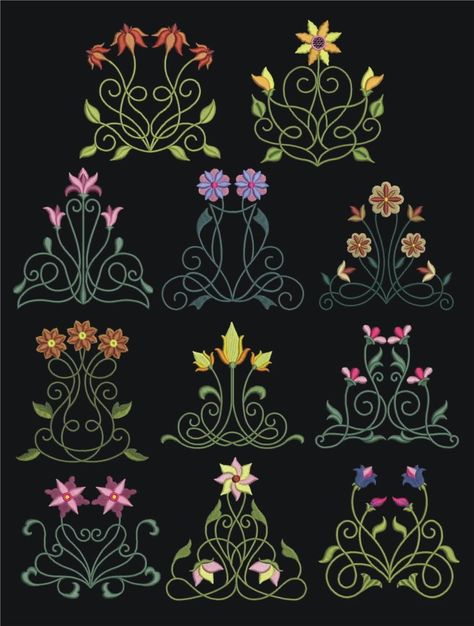 Art Nouveau Fabric Pattern, Art Nouveau Embroidery Pattern, How To Draw Art Nouveau Tutorials, Art Nouveau Embroidery, Fleurs Art Nouveau, Floral Machine Embroidery Designs, Art Nouveau Tattoo, Motifs Art Nouveau, Nouveau Tattoo