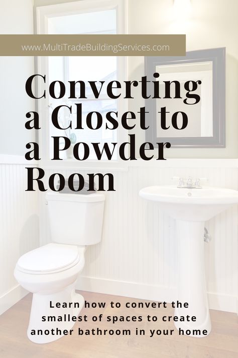 Could you use an extra bathroom in your home? Are you concerned you don’t have the space for it? You might be surprised to learn that you do! We explore the things you need to know and do in to convert a small closet into a powder room. Tiny Closet Powder Room, Converting Laundry Room To Bathroom, Convert Laundry Room To Bathroom, Closet Bathroom Conversion, Coat Closet To Powder Room, Turning A Closet Into A Bathroom, Closet Powder Room Conversion, Closet Turned Into Bathroom, Closet Into Powder Room