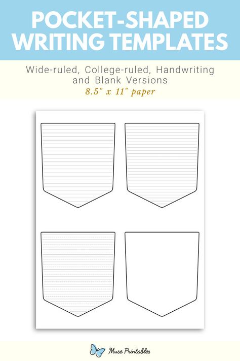 Free printable pocket-shaped writing templates. This PDF download includes wide ruled, narrow ruled, handwriting, and blank versions. Download the templates at https://museprintables.com/download/writing-template/pocket-shaped/ Pocket Template Printable, Pocket Template, Writing Paper Template, Handwriting Lines, Paper Shapes, Writing Template, Lined Writing Paper, Writing Templates, Pocket Notebook