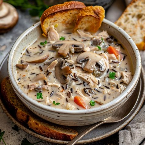 Creamy Mushroom Chicken and Wild Rice Soup - Easy DIY Recipes Wild Rice Soup Easy, Wild Rice Soup Crockpot, Creamy Wild Rice Soup, Wild Mushroom Soup, Chicken And Wild Rice Soup, Wild Rice Soup Recipes, Wild Rice Recipes, Creamy Mushroom Chicken, Chicken Wild Rice Soup