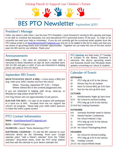 Banks Elementary PTO: September Newsletter Leadership Organization, Elementary School Newsletter Template, Pto Membership, Pto Bulletin Board, School Newsletter Template Free, Pta Newsletter, Pta Board, September Newsletter, Pto Board