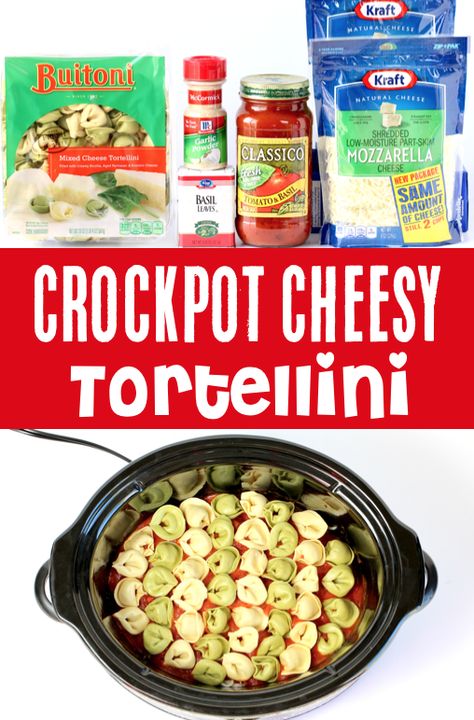 Crockpot Tortellini Recipes - Easy Simple Baked Cheesy Pasta Dish!  This is one of the EASIEST dinners you'll make all week, and always brings smiles around the table!  Go grab the recipe and give it a try! Tortellini Crockpot Meal, Crockpot Tortellini Recipes Slow Cooker, Crockpot Cheesy Tortellini, Crockpot Tortellini Recipes, Tortellini Crock Pot, Dinner Pasta Recipes, Tortellini Recipes Crockpot, Crockpot Tortellini, Crock Pot Tortellini