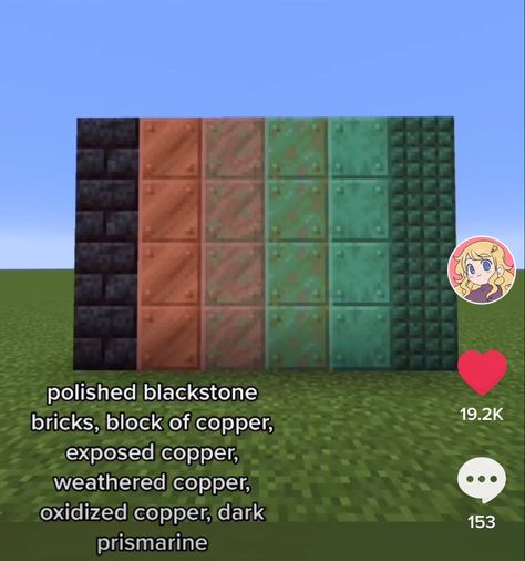 creds: cyaura on TikTok Minecraft Copper Palette, Copper Minecraft Builds, Desert Steampunk, Minecraft Copper Builds, Minecraft Copper, Minecraft Pallets, Block Pallets, Minecraft Patterns, Copper Colour Palette