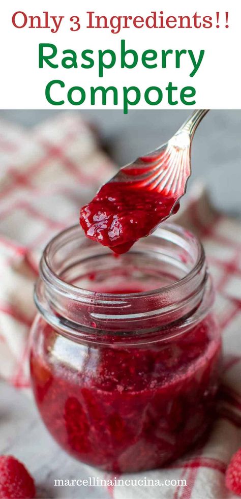 Raspberry Compote is quick and simple to make using just 3 ingredients and less than 15 minutes of your time!! Bursting with sweet tangy flavor, this is perfect sauce to drizzle on cake, ice cream or yoghurt!! #raspberrycompote #raspberrysauce #raspberryrecipes #marcellinaincucina Raspberry Compote Recipe, Pancakes On A Stick, Veggie Desserts, Raspberry Compote, Peach Compote, Pantry Recipes, Compote Recipe, Cinnamon Twists, Frozen Raspberries