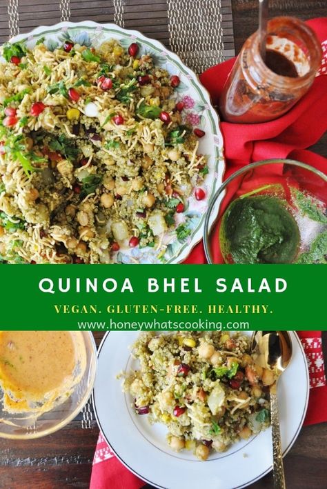 Quinoa Bhel Salad is a healthier twist on bhel puri made with veggies, spices, and chutneys. Indian Quinoa, Bhel Recipe, Bhel Puri, Indian Dinner Recipes, Whats Cooking, Indian Dinner, Instagram Recipes, Salad Vegan, Vegan Healthy