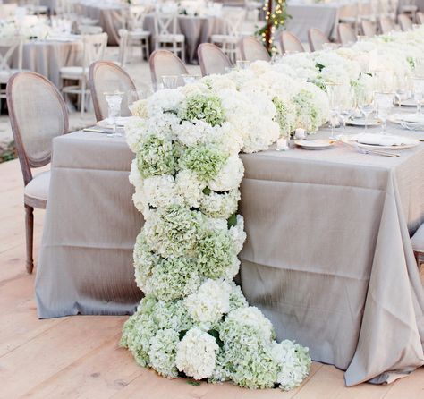 Cascading flower table runner at wedding Green Hydrangea Wedding, White Hydrangea Wedding, Hydrangea Flower Arrangements, California Vineyards, Inside Weddings, Wedding Table Linens, Wedding Reception Flowers, Hydrangeas Wedding, Green Hydrangea