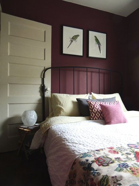 Not usually into plum, but with the crisp white trim and the black accents, it's very pretty. I'd pop a gold or brass lamp in there for a little sparkle. Pink Cottages, Burgundy Bedroom Ideas, Burgundy Bedroom, Burgundy Walls, Purple Room Decor, Purple Bedroom, Bedroom Decorating Ideas, Vintage Bedroom, Bedroom Color Schemes