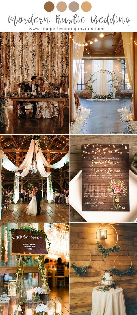 modern rustic barn theme wedding ideas with romantic lights Wedding Decor Themes Color Schemes, Rustic Romantic Wedding Theme, Spring Farmhouse Wedding Ideas, March Wedding Colors Rustic, June Wedding Colors Schemes Rustic, Rustic Farmhouse Wedding Decor, Spring Barn Wedding Colors, Romantic Wedding Vibes, March Wedding Colors 2024