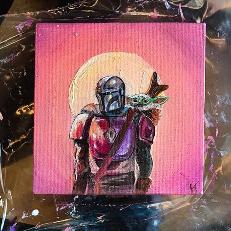 The Mandalorian Painting, Mandalorian Painting, Star Wars Painting Ideas, Star Wars Art Painting, Star Wars Painting, Small Canvas, Star Wars Artwork, Mini Canvas, Very Merry Christmas